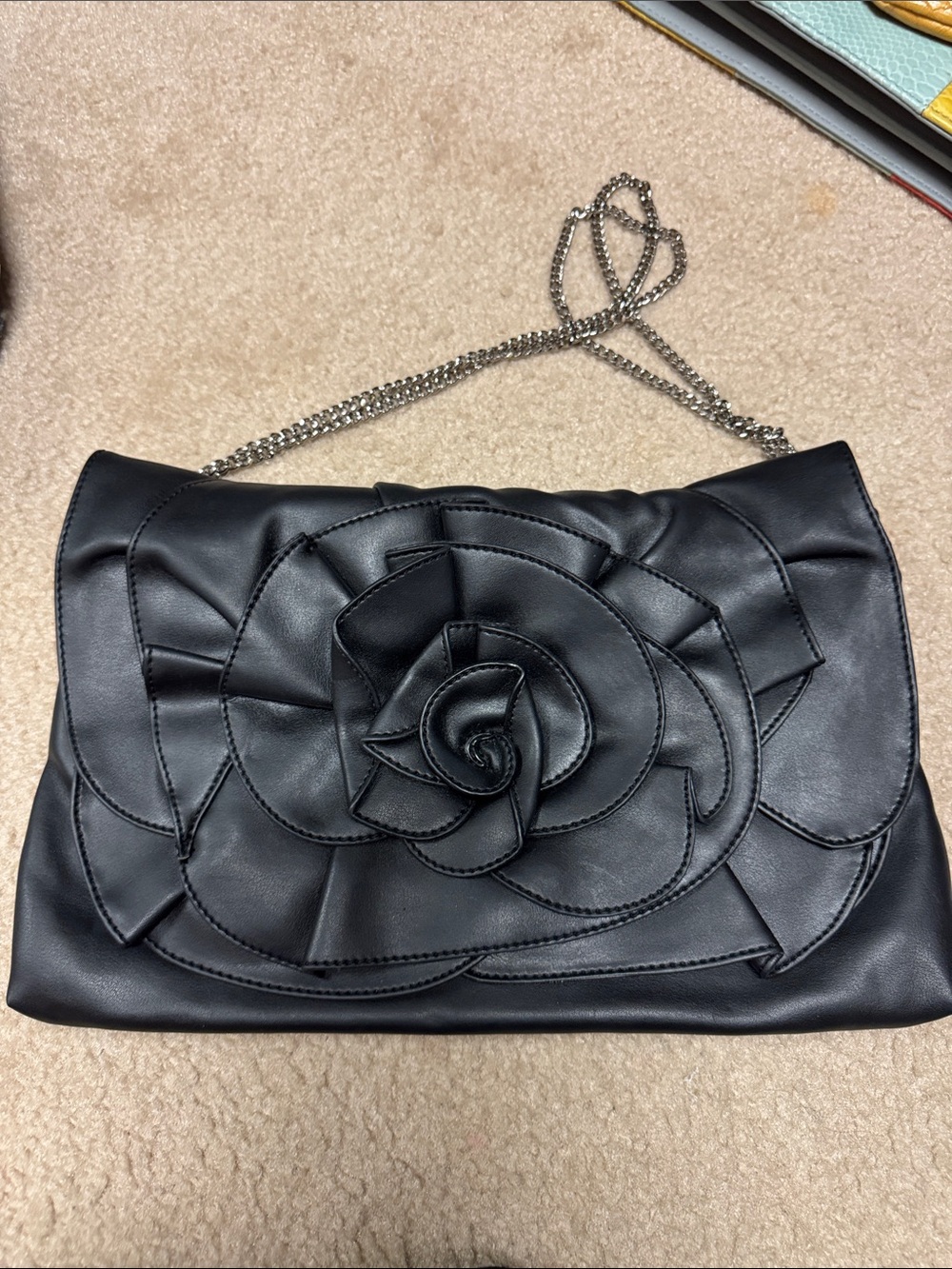 Vintage Nine West Black Floral Applique Shoulder Bag with silver Chain Strap